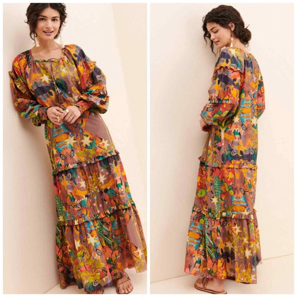 Anthropologie Chufy Women's Cotton Silk Blend Tiered Ruffle Maxi Dress Resort L